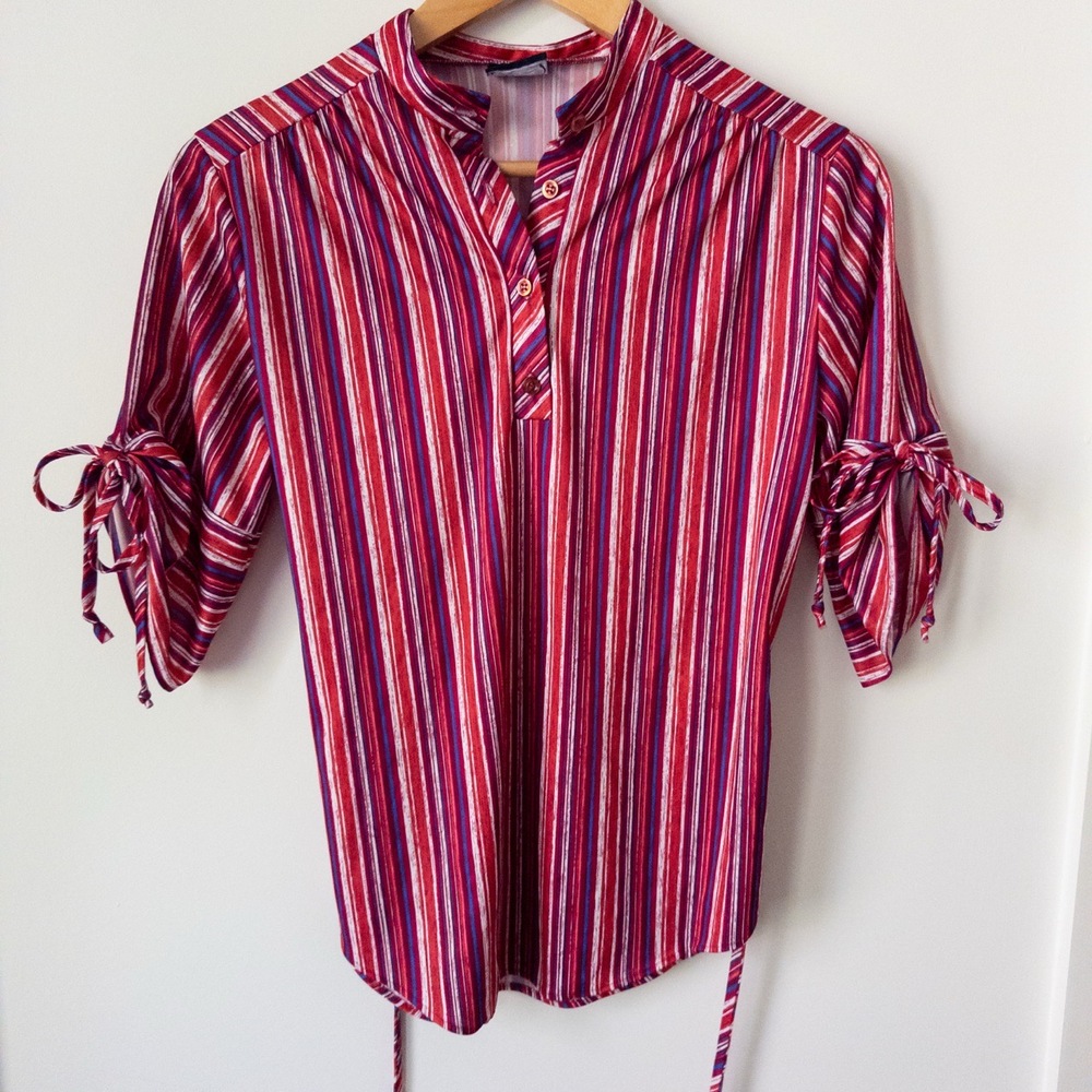 Vintage 80s Striped‎ Blouse Womens M Red Pink 90s Colorful Fun Retro Maximalist